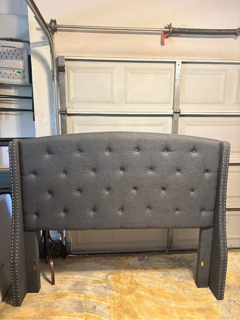 Queen Tufted Dark Gray Upholstered Headboard with Nailhead Trim